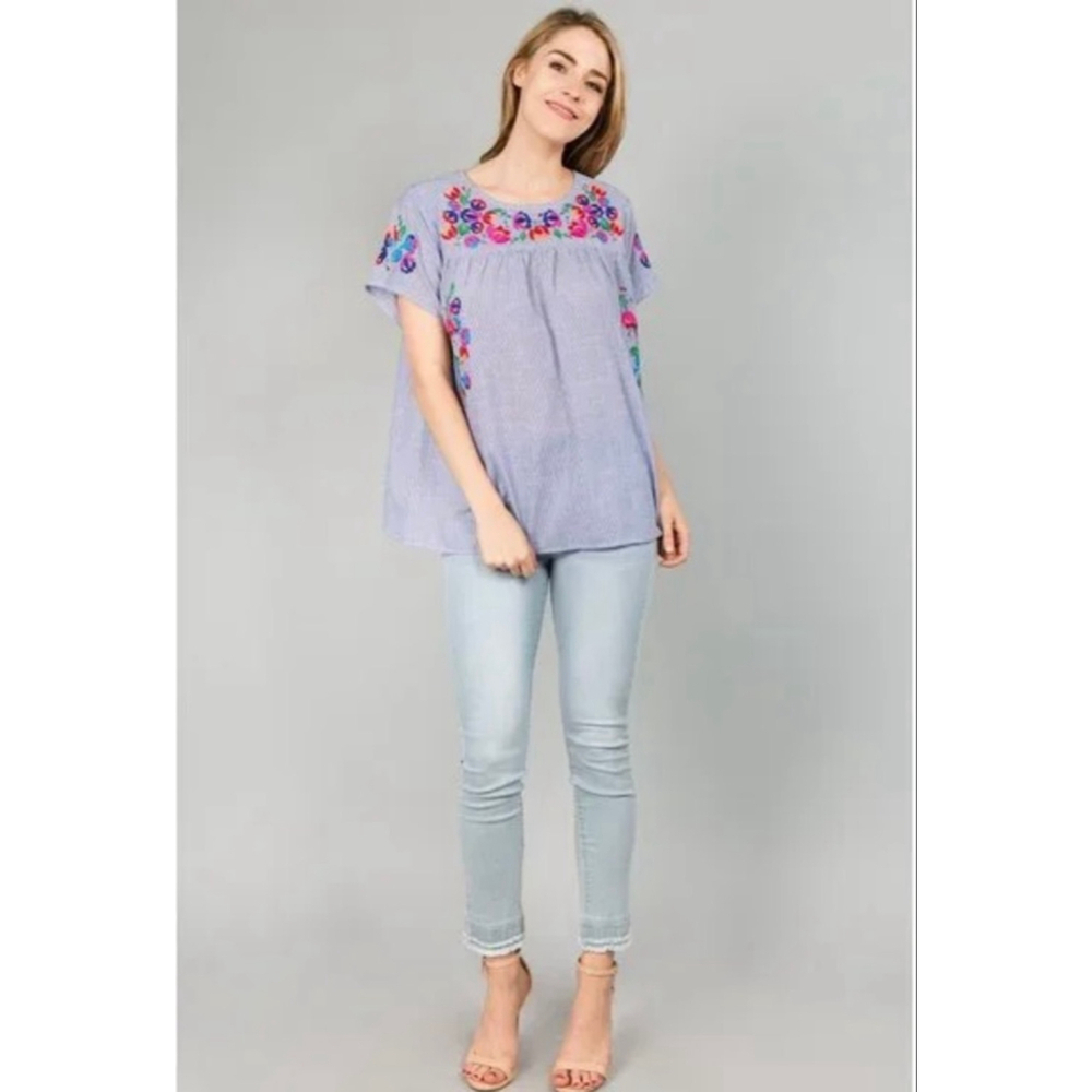 Embroidered Floral Peasant Blouse | Short Sleeve Boho Top - Picture 4 of 14